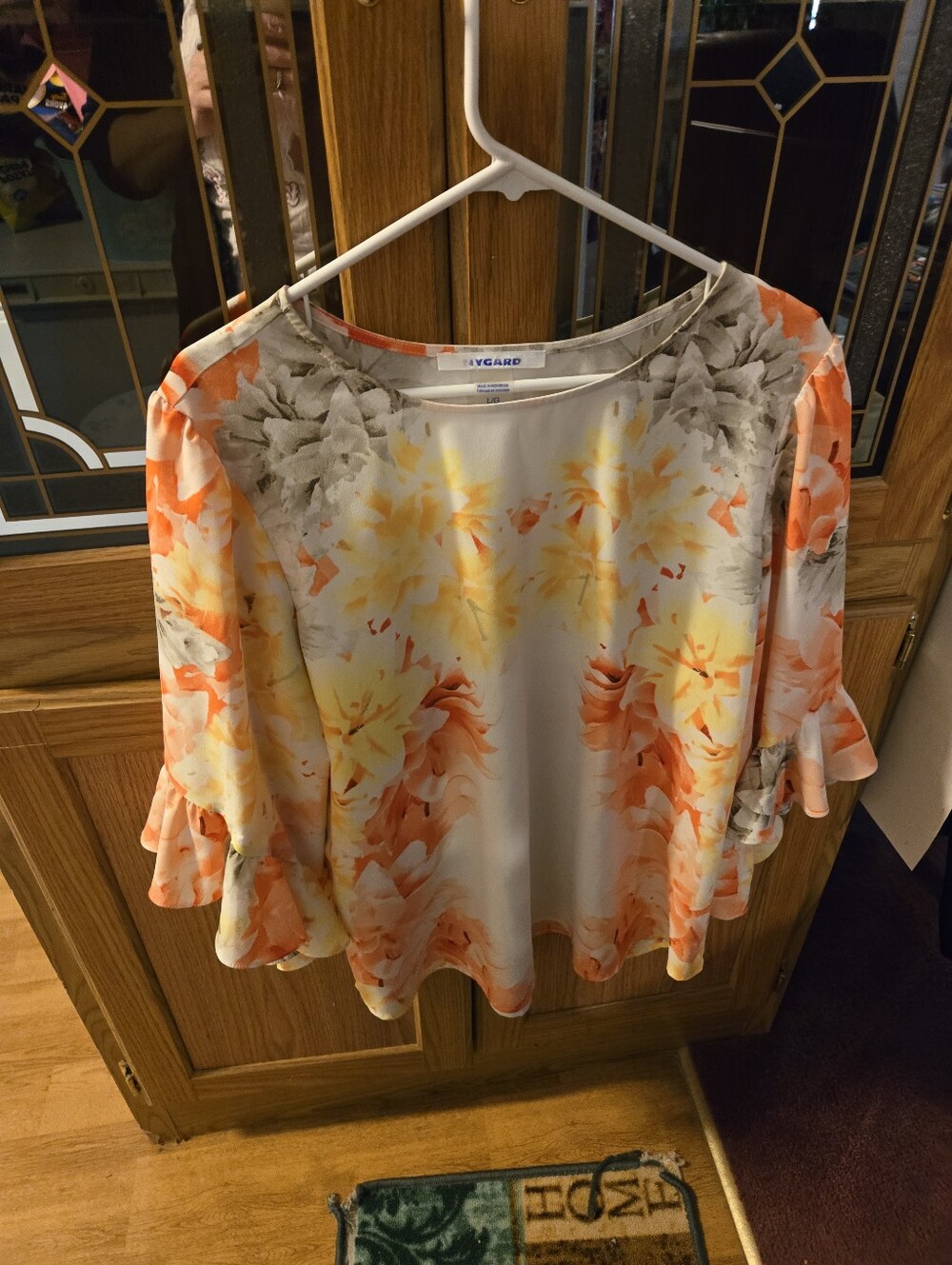 Oversized Lg Floral Ruffle Sleeve Women's Top in Orange and Yellow